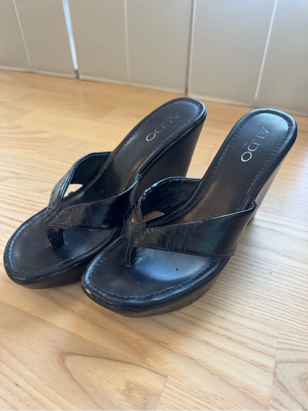 ALDO Black Patent Wedge Thong Wedges